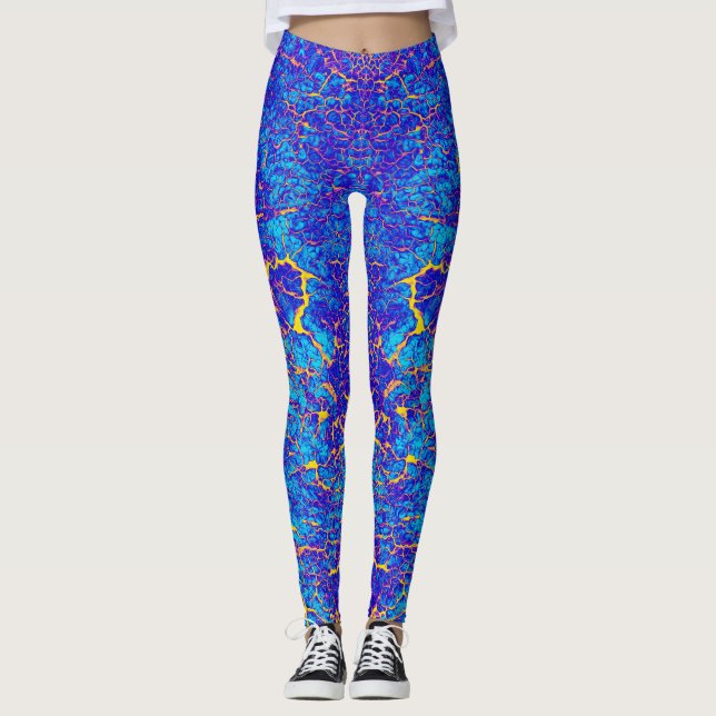 Brightly Coloured Blue and Yellow Abstract Pattern Leggings (Front)