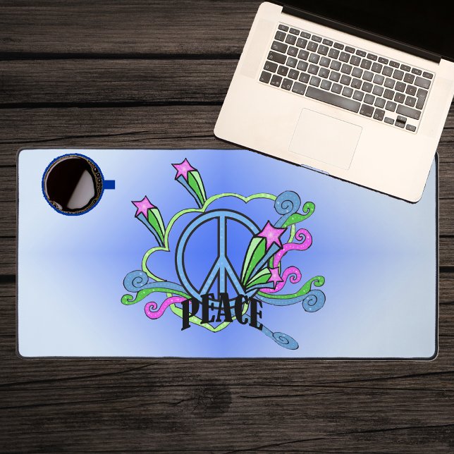Brightly Coloured Blue Peace Sign Scrolls Pink Sta Desk Mat (Abstract peace sign surrounded by colourful scrolls and pink stars on blue desk mat.)