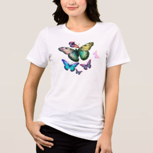 Brightly Coloured Butterflies on Front+Back White Tri-Blend Shirt