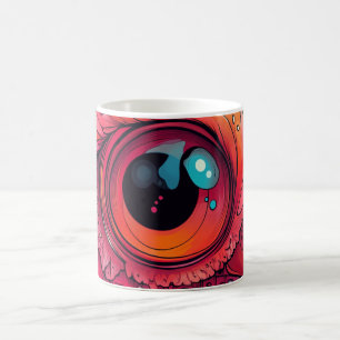 brightly coloured cartoon eye of a bird or parrot. coffee mug