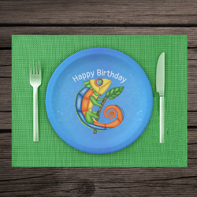 Brightly Coloured Cartoon Lizard Leaf Birthday Paper Plate (Colourful cartoon lizard holding leaf on twig on vibrant blue kids Birthday paper party plates.)