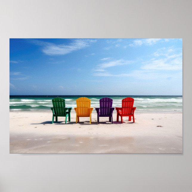 Brightly Coloured Chairs on an Empty Beach Poster (Front)