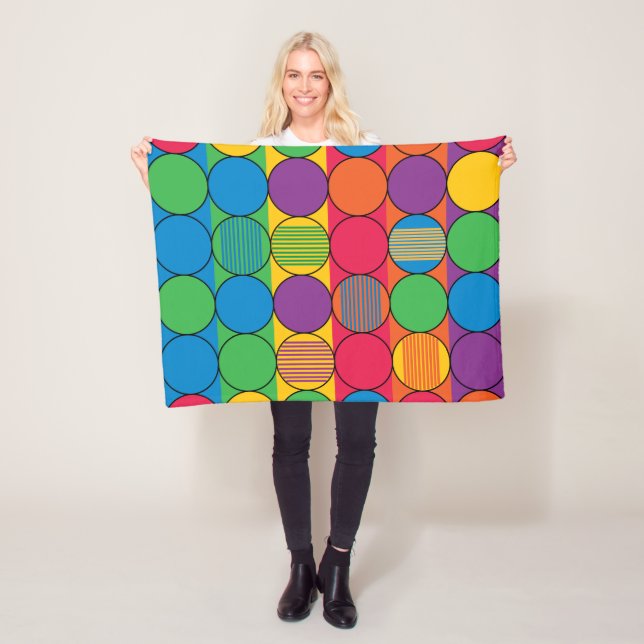 Brightly Coloured Circles and Stripes Fleece Blanket (In Situ)