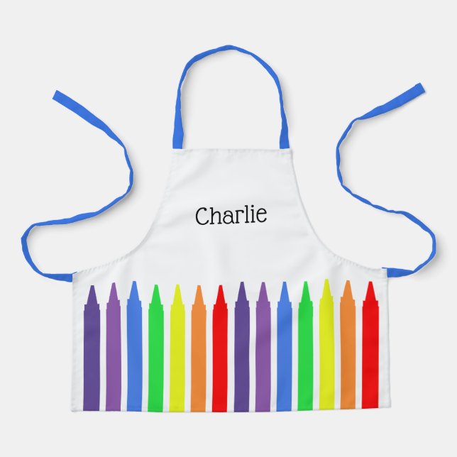 Brightly coloured crayons, your name, childs apron (Front)