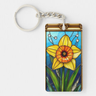 Brightly Coloured Daffodil in Golden Frame Key Ring