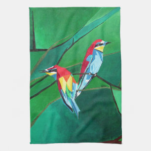 Brightly Coloured European Bee Eaters Geometric Ar Tea Towel