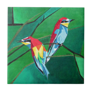 Brightly Coloured European Bee Eaters Geometric Ar Tile