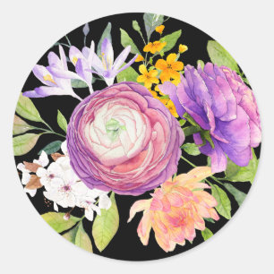 Brightly Coloured Floral Bouquet on Black Classic Round Sticker