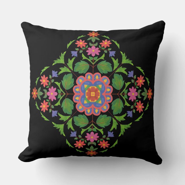 Brightly Coloured Floral Rangoli Pattern on Black Cushion (Front)