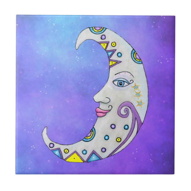 Brightly Coloured Moon Pretty Face Stars Purple Sk Ceramic Tile (Front)