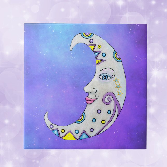 Brightly Coloured Moon Pretty Face Stars Purple Sk Ceramic Tile (Fantasy decorated white crescent moon with face and colourful accents on purple ceramic tile.)