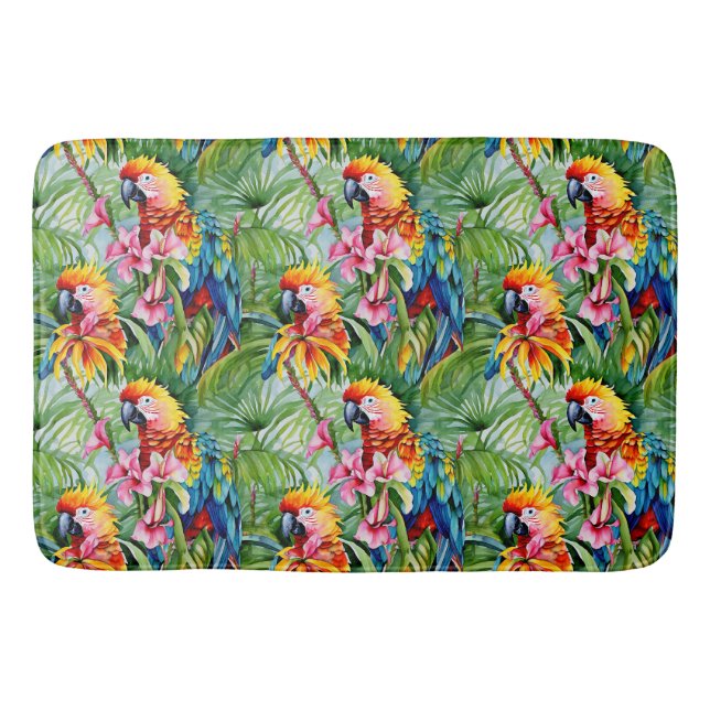 Brightly Coloured Parrots and Tropical Flowers Bath Mat (Front)