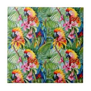 Brightly Coloured Parrots and Tropical Flowers Ceramic Tile