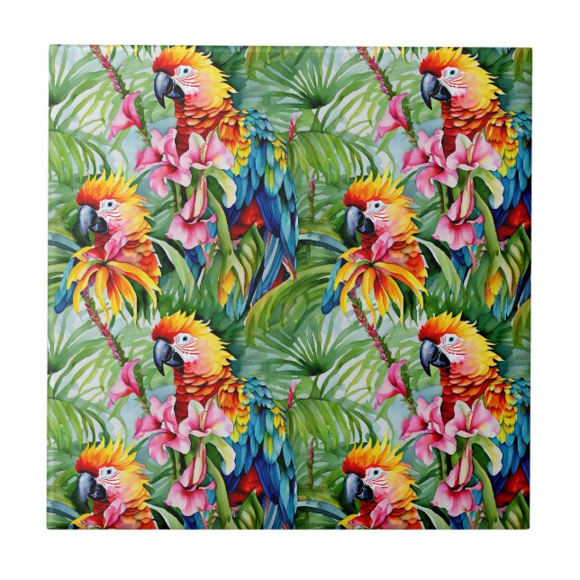 Brightly Coloured Parrots and Tropical Flowers Ceramic Tile (Front)