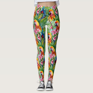 Brightly Coloured Parrots and Tropical Flowers Leggings