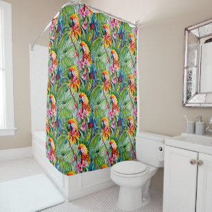Brightly Coloured Parrots and Tropical Flowers Shower Curtain