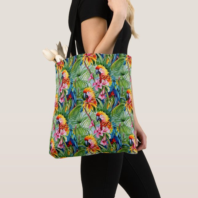 Brightly Coloured Parrots and Tropical Flowers Tote Bag (Close Up)