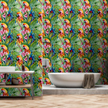 Brightly Coloured Parrots and Tropical Flowers