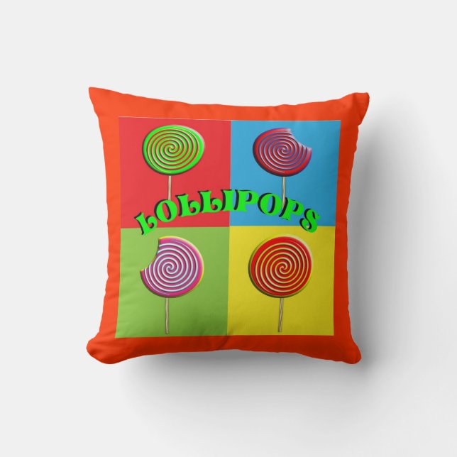 Brightly Coloured Pop Art Style Candy Lollipops Cushion (Front)