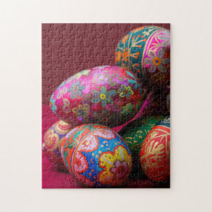 Brightly-coloured pysanky Easter eggs with text sp Jigsaw Puzzle