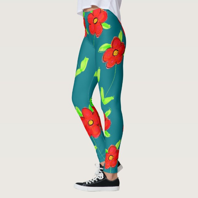 Brightly Coloured Red Flowered Turqoisue Leggings (Left)