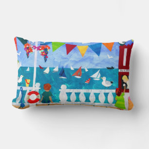 Brightly Coloured Sea View, Seagulls and Sailboats Lumbar Cushion