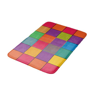 Brightly Coloured Squares and Stripes Bath Mat