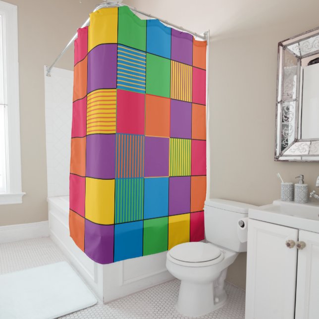 Brightly Coloured Squares and Stripes Shower Curtain (In Situ)