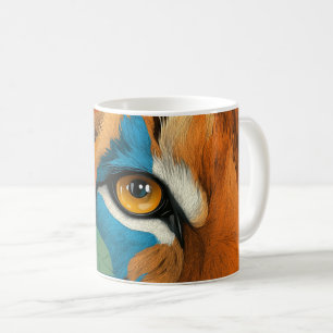 brightly coloured tiger's eye, surrounded by styli coffee mug