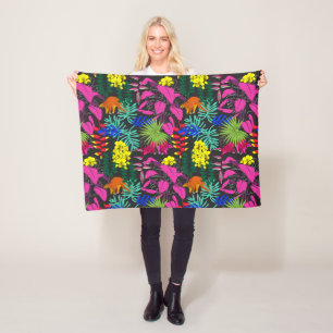 Brightly Coloured Tropical Leaves Flowers Patterne Fleece Blanket