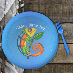 Brightly Colours Cute Cartoon Lizard Leaf Birthday Paper Plate