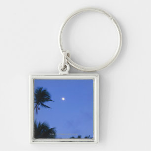 Brightly lit moon, silhouette of coconut trees key ring