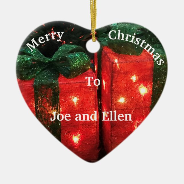 Brightly Lit, Red Present, Personalised Christmas Ceramic Ornament (Front)