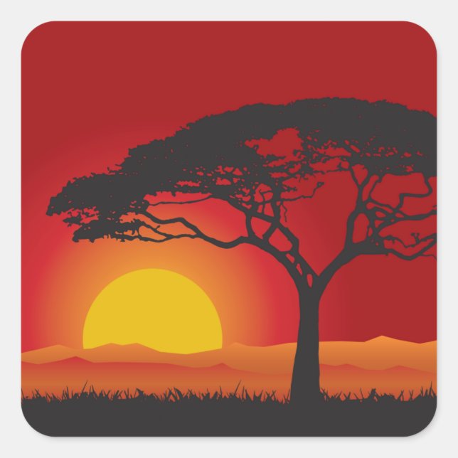 Briliiant Red Sunset Under The Bonsai Tree Square Sticker (Front)