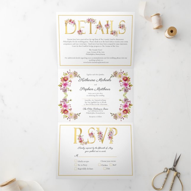 Brilliant Blooms Watercolor Wedding Tri-Fold Invitation (Inside)