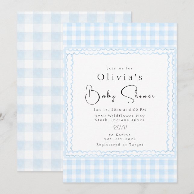 Brilliant Blue Gingham Baby Shower Invitation (Front/Back)