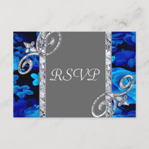 Brilliant Blue Roses & Diamond Swirls Wedding CST2 RSVP Card
