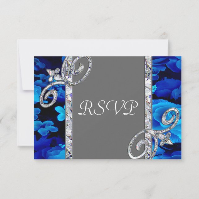 Brilliant Blue Roses & Diamond Swirls Wedding CST2 RSVP Card (Front)