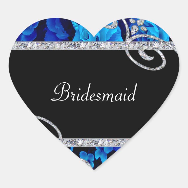 Brilliant Blue Roses & Diamond Swirls Wedding Heart Sticker (Front)
