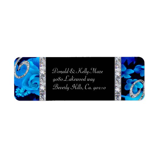 Brilliant Blue Roses & Diamond Swirls Wedding Return Address Label