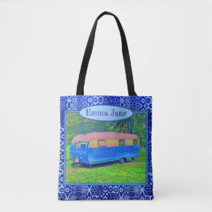 Brilliant Blue Vintage Camper Trailer Tote Bag