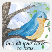 Brilliant Blue Watercolor Bird in a Tree Stickers