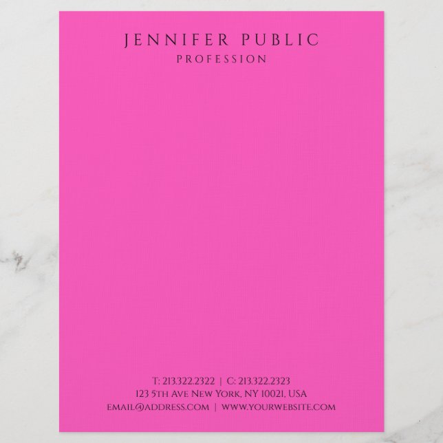 Brilliant Bright Neon Pink Modern Simple Template Custom Letterhead (Front)