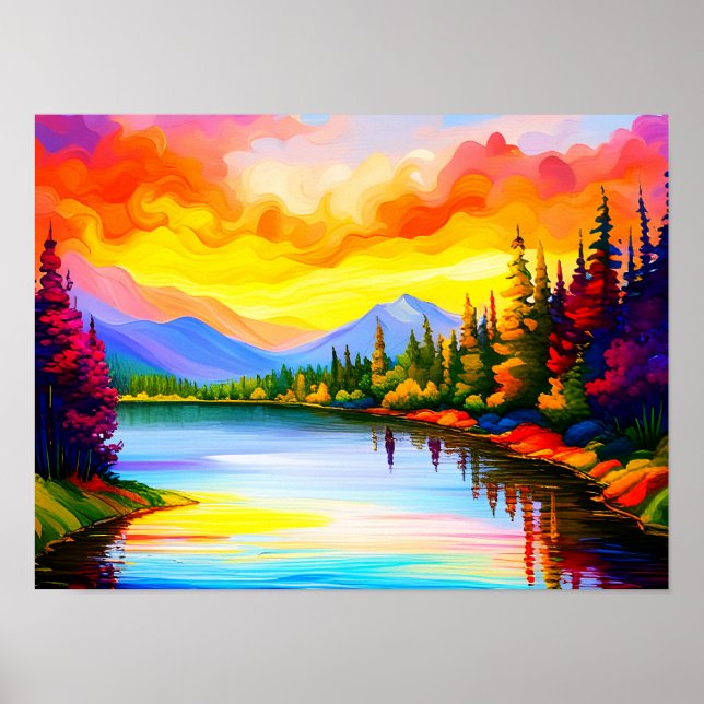 Brilliant coloured drawing of sunset over lake poster (Front)