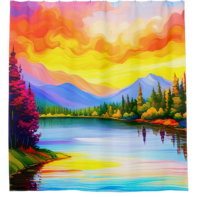 Brilliant coloured drawing of sunset over lake shower curtain (Front)