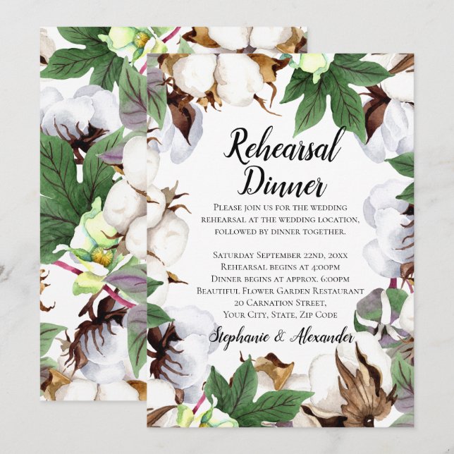 Brilliant Cotton Bloom Watercolor Rehearsal Dinner Invitation (Front/Back)