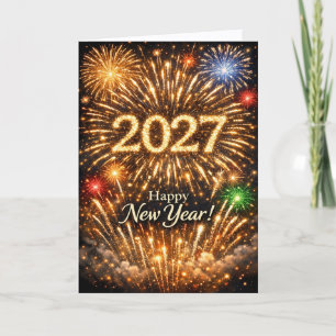Brilliant Golden Fireworks Happy New Year 2027 Holiday Card