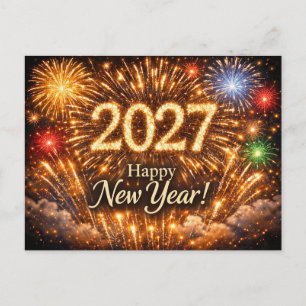 Brilliant Golden Fireworks Happy New Year 2027 Holiday Postcard