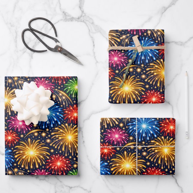 Brilliant Midnight Fireworks Pattern Wrapping Paper Sheet (Front)
