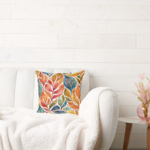 Brilliant Orange & Blue Abstract Leaves Cushion
